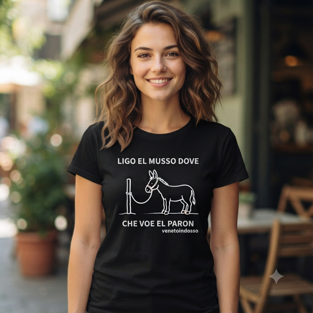 T-shirt unisex (disponibile in nero o bianco) con stampa grafica sul davanti raffigurante un asino legato a un palo con la scritta "LIGO EL MUSSO DOVE CHE VOE EL PARON" e il logo "venetoindosso".⁠