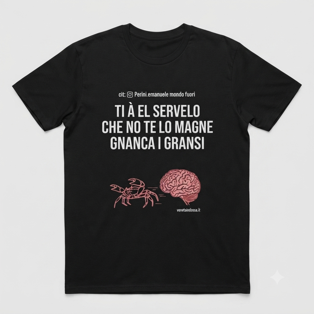 t-shirt dialetto veneto: scritta "Ti à el servelo che no te lo magne gnanca i gransi"