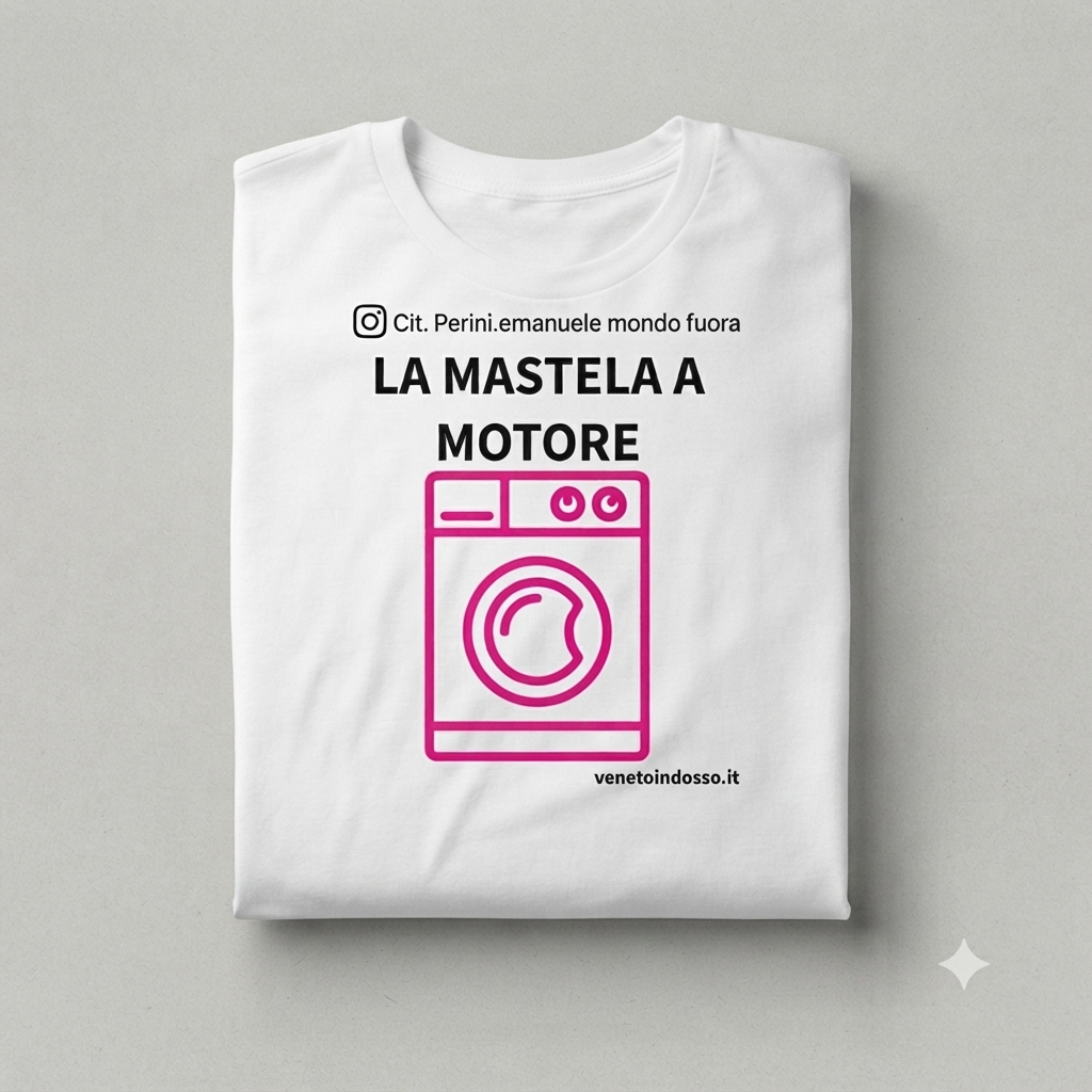 T-shirt nera piegata Veneto Indosso con grafica frontale "La Mastela a Motore" di Emanuele Perini, raffigurante una lavatrice rosa fucsia e scritte bianche.
