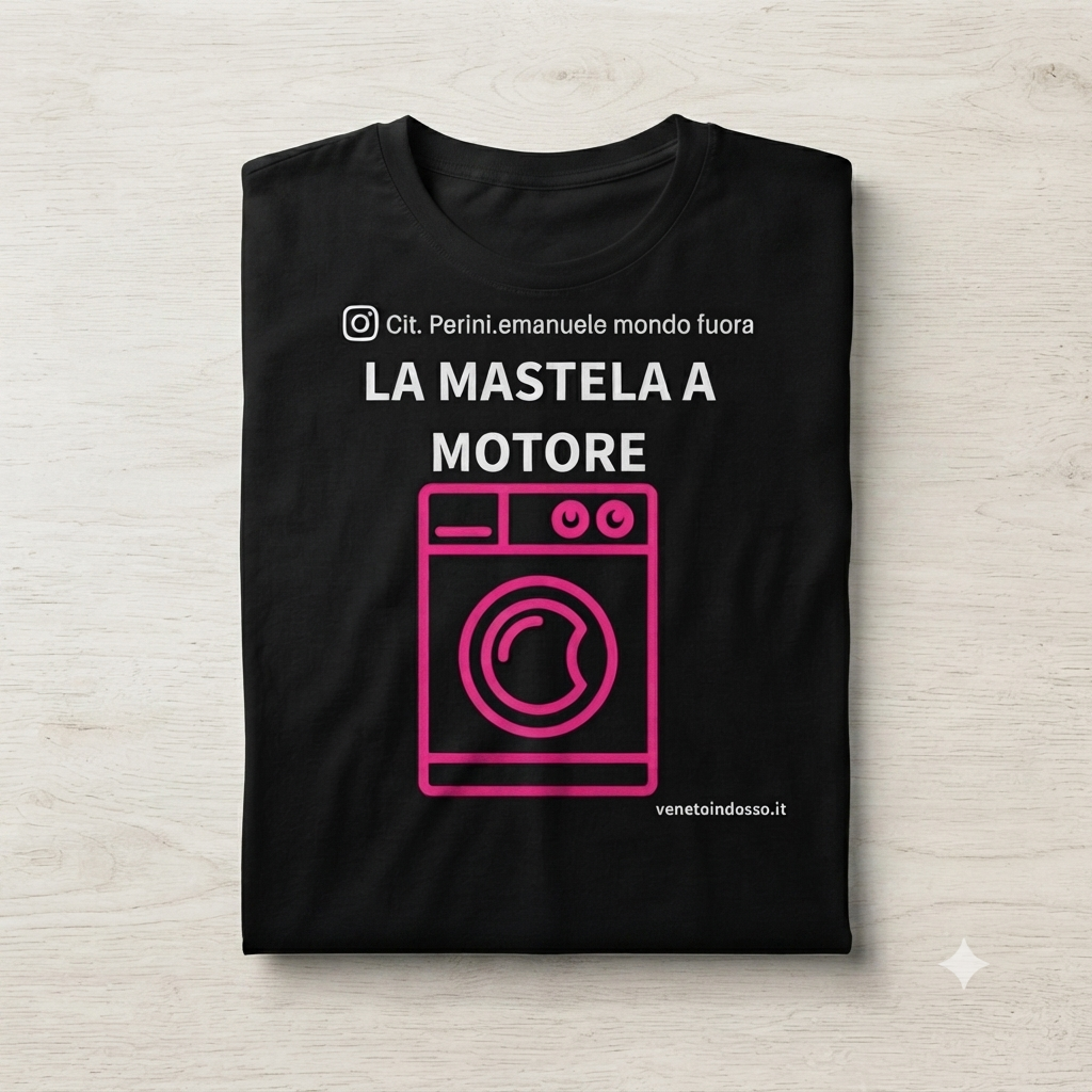 T-shirt nera piegata Veneto Indosso con grafica frontale "La Mastela a Motore" di Emanuele Perini, raffigurante una lavatrice rosa fucsia e scritte bianche.
